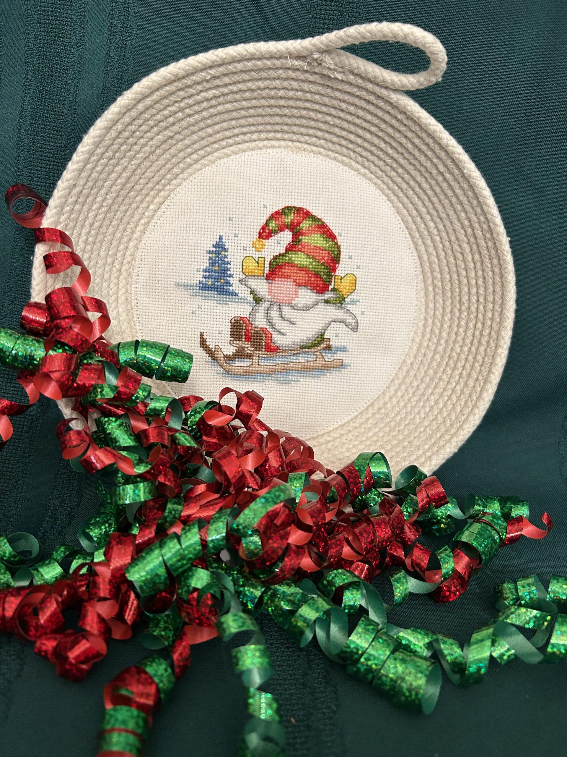 Handmade Rope Bowl with Counted Cross-Stitch Gnome #3
